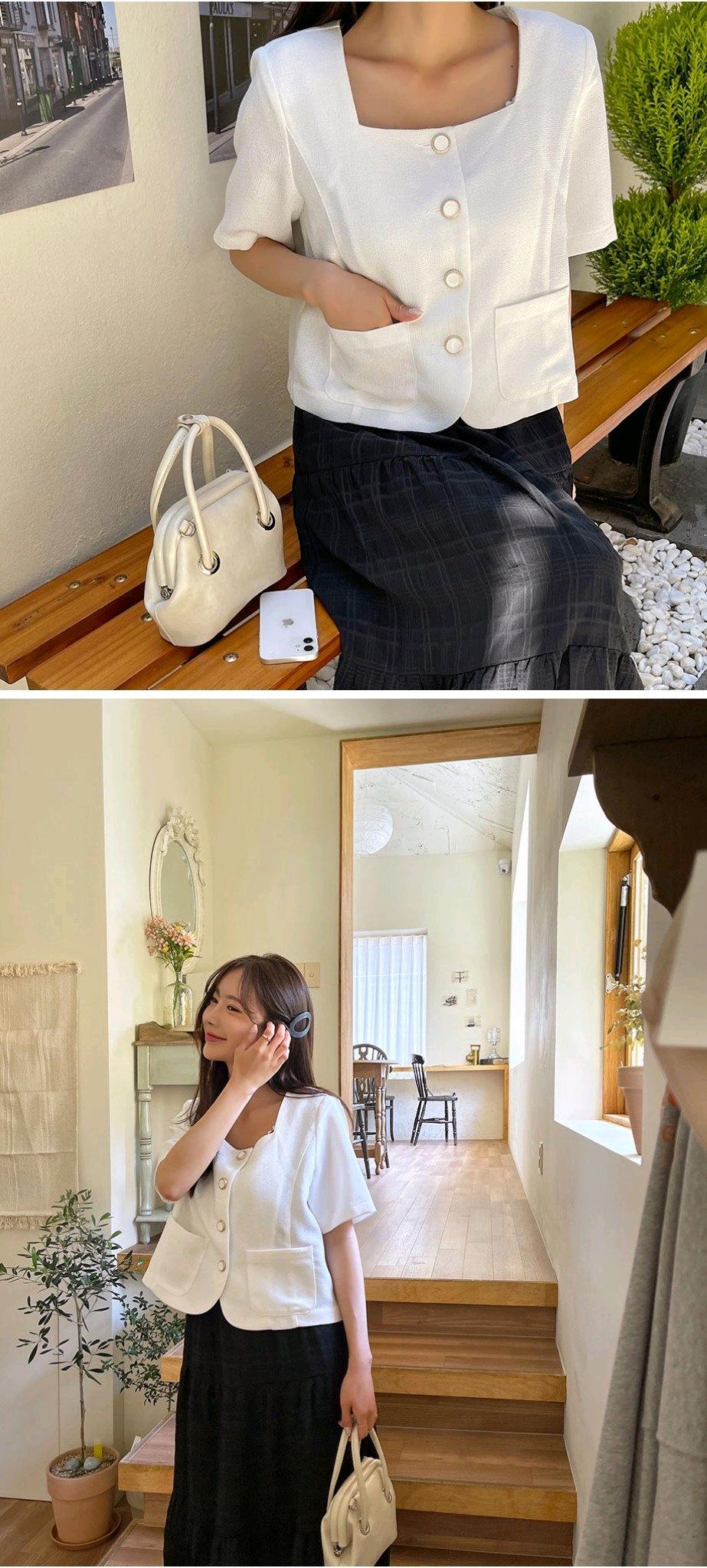 [새상품] 스퀘어넥 금장단추 트위드 반팔 자켓(정가 5만대) 4