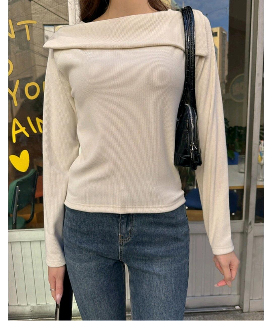 오프숄더 느낌 언발 카라 골지 티셔츠 3