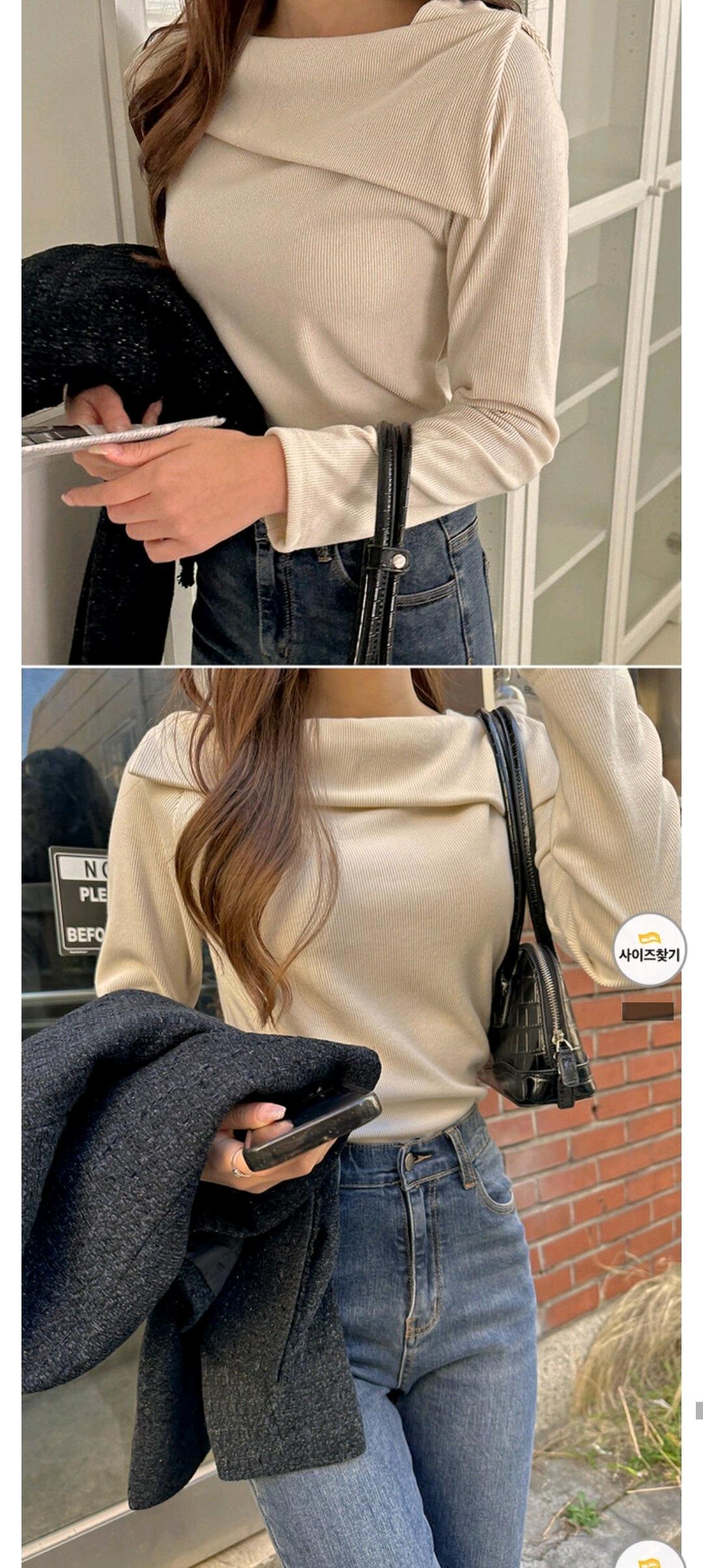 오프숄더 느낌 언발 카라 골지 티셔츠 10