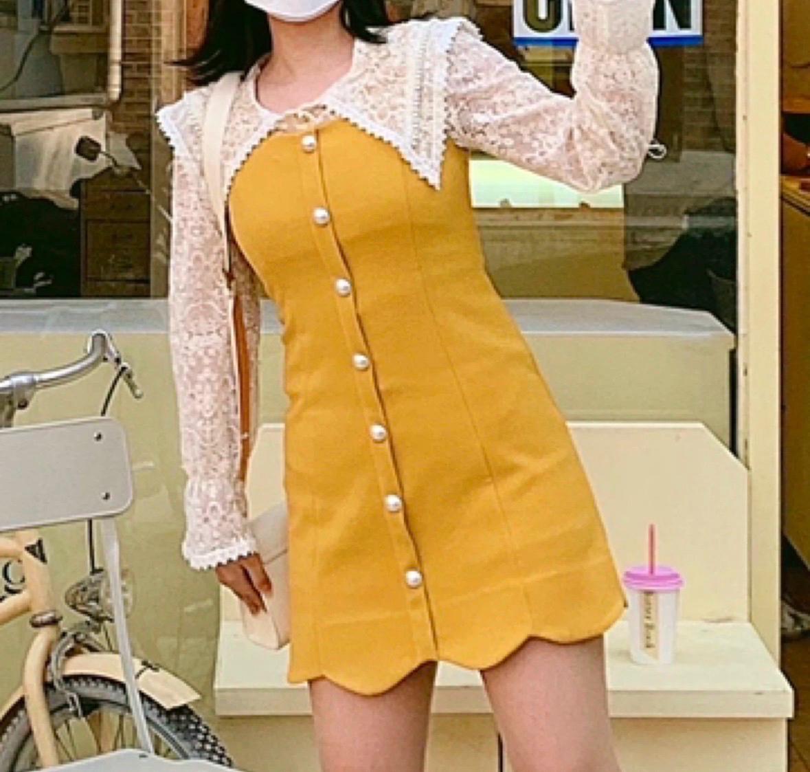 레이스 블라우스+노랑 미니원피스 2