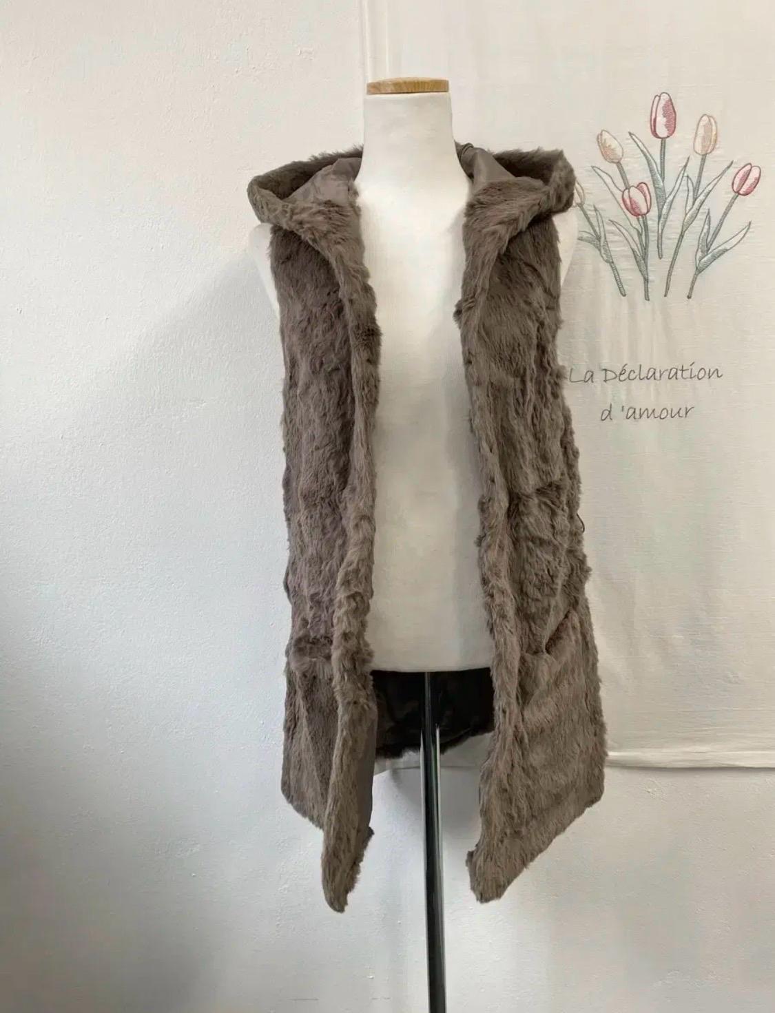 쿠카이 후드 토끼털 조끼 브라운 벨트 세트 6