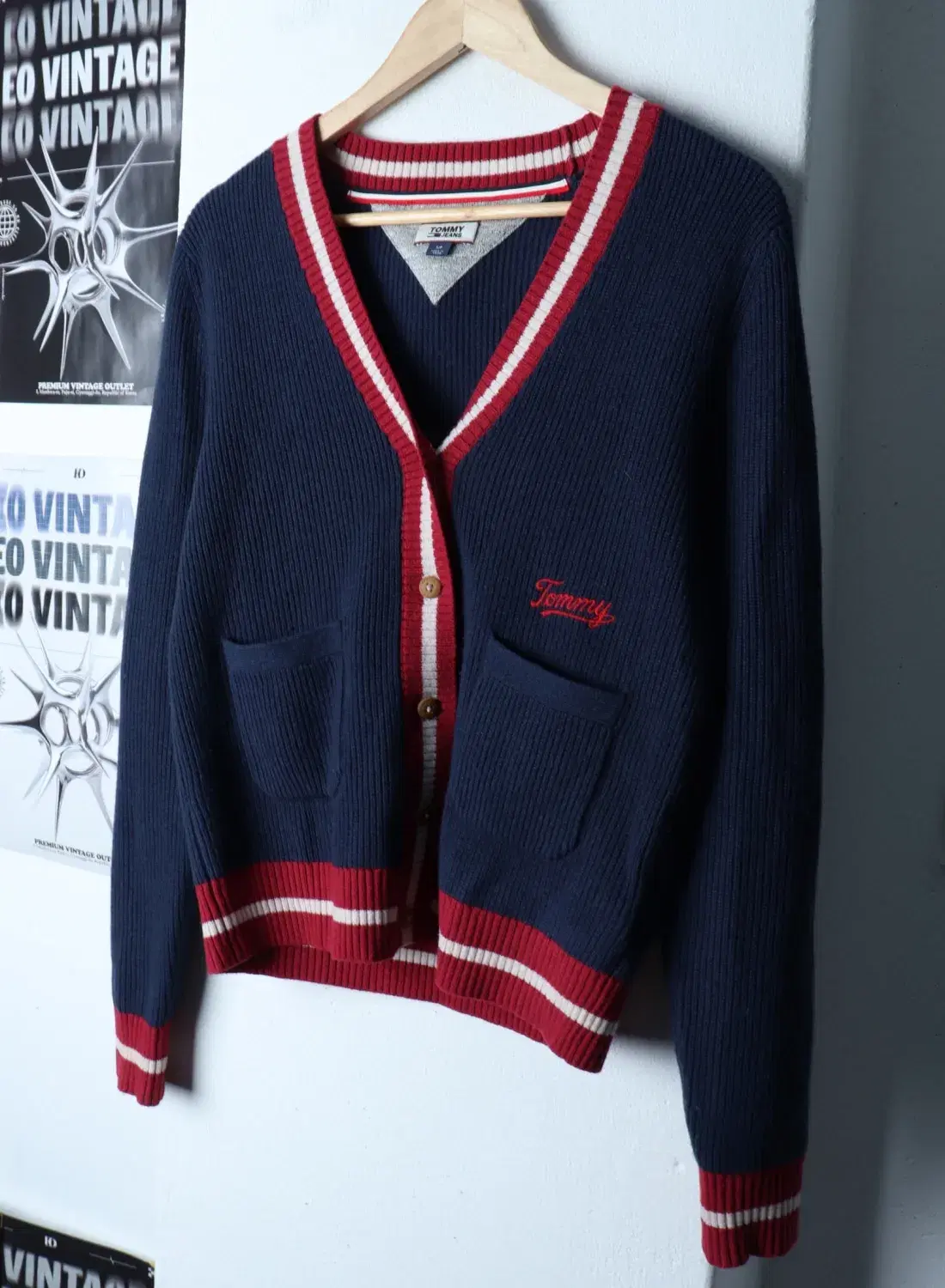 (S) TOMMY 타미힐피거 니트 가디건 네이비 버건디포인트 울 올드스쿨 3