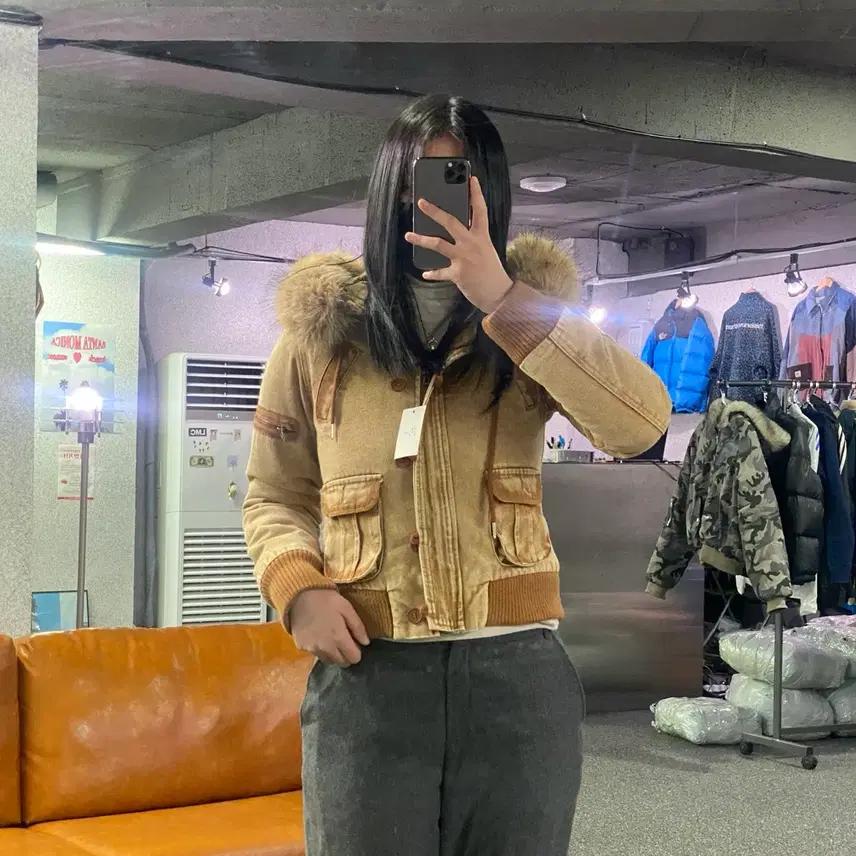 빈티지 y2k 브라운 버튼 퍼 크롭 후드자켓 B3761 2