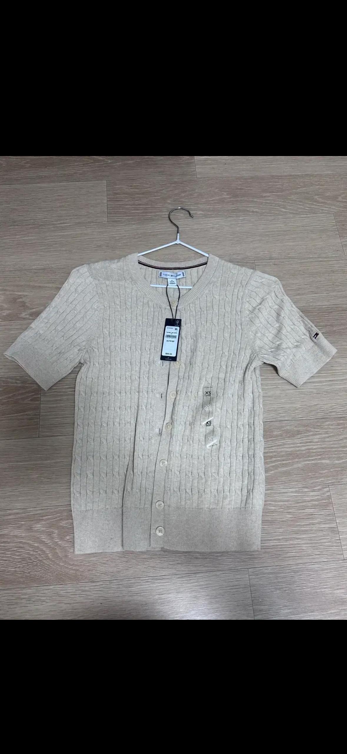 타미힐피거 여성 케이블 꽈배기 반팔가디건 Beige Ht XS