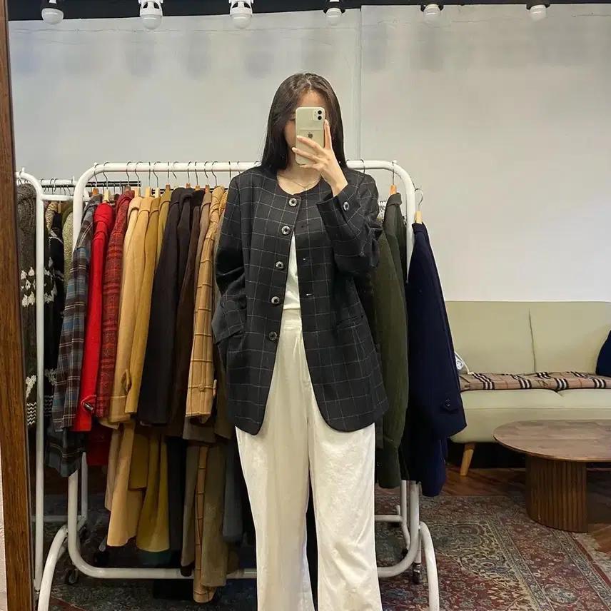 버버리 정품 진챠콜 노카라 체크자켓 7