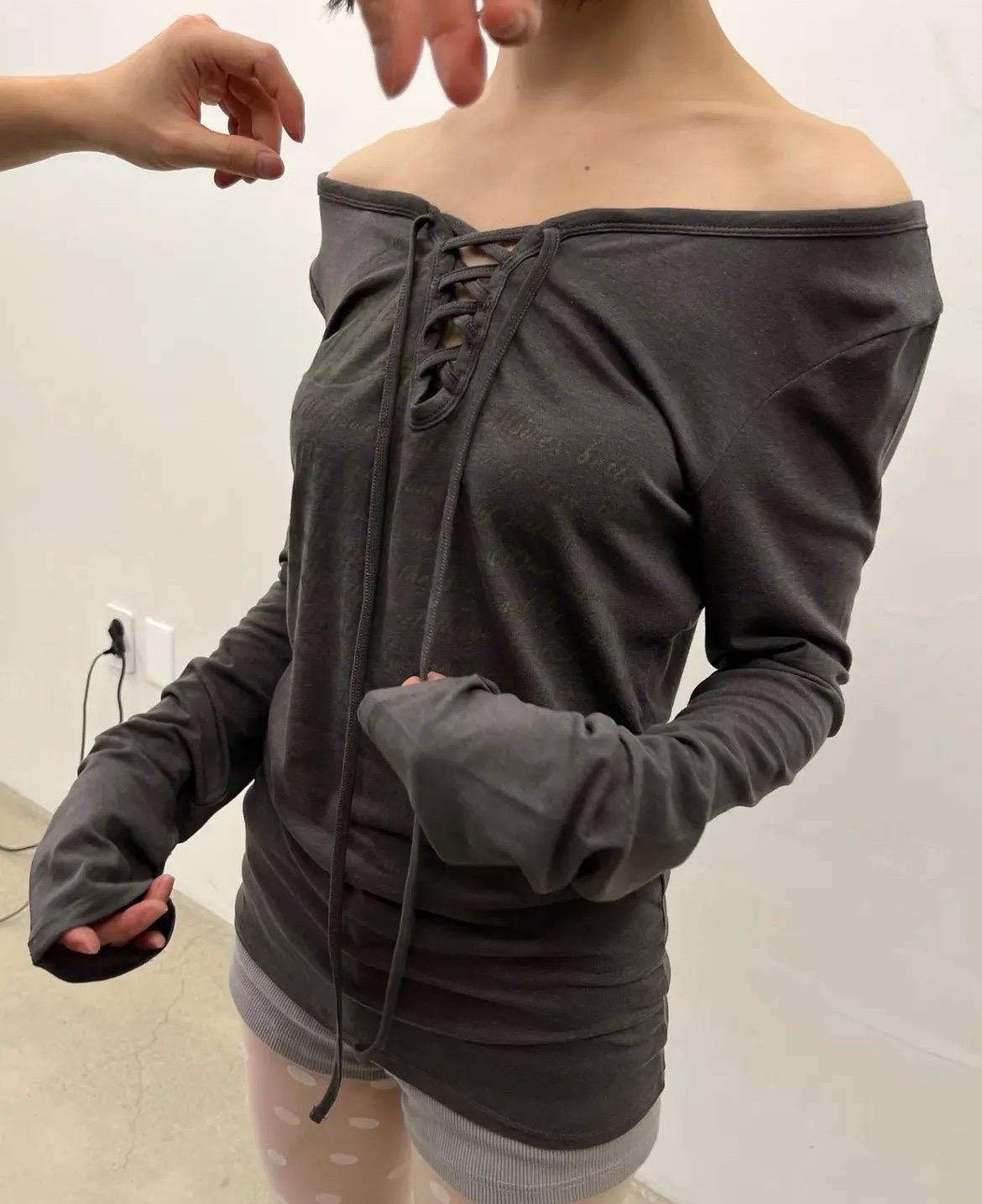 Pale printed lace-up long sleeve top 4