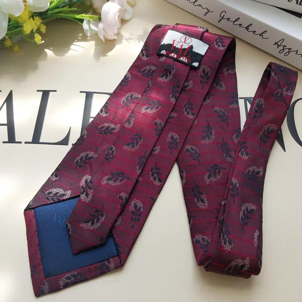 발렌티노 실크 버건디 리프 자카드 넥타이 9cm S등급 K266 7