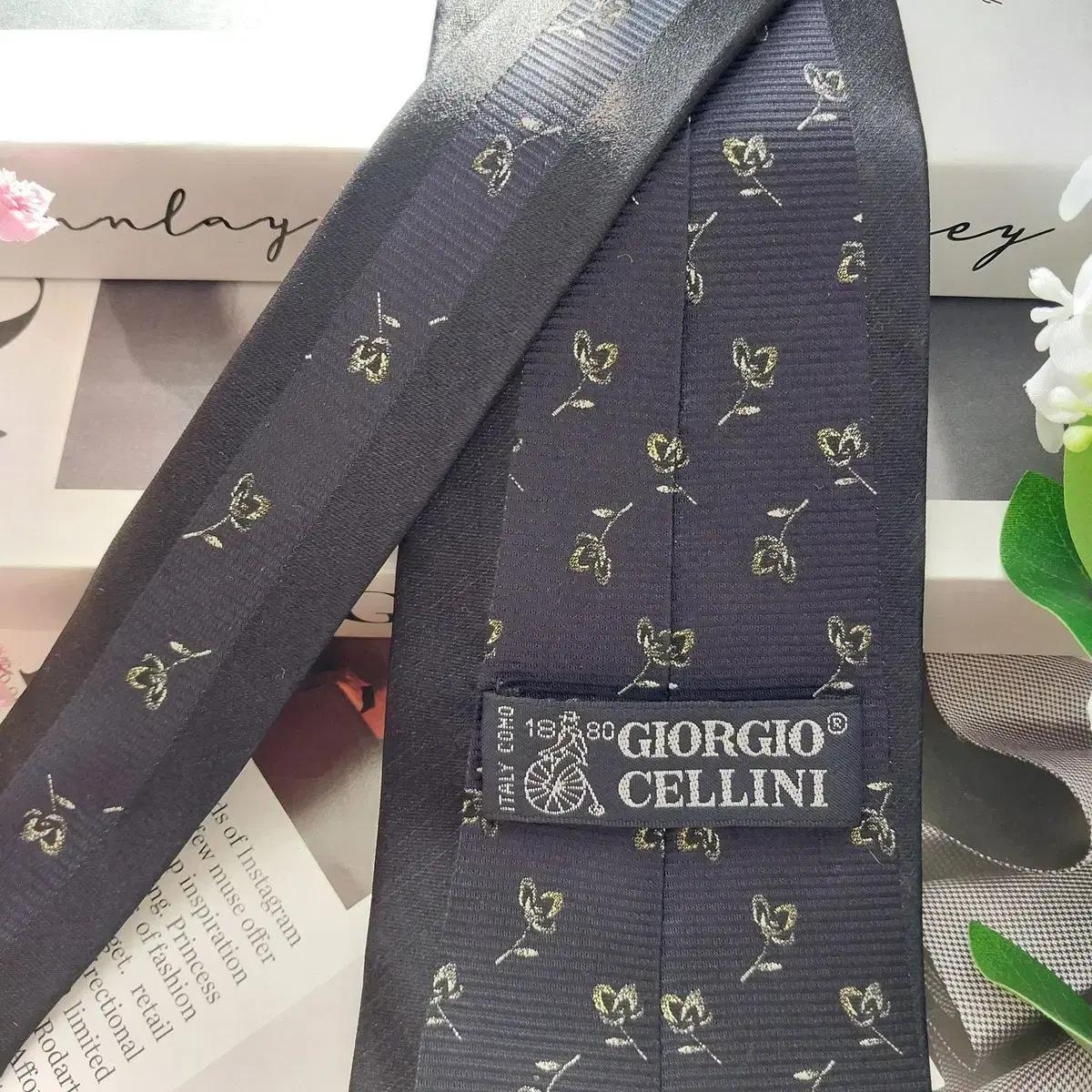 조르지오 첼리니 실크 블랙 플라워 넥타이 9.5cm A+등급 K1751 11