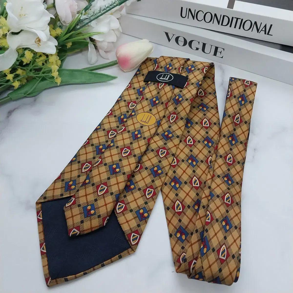 던힐 실크 브라운 체크 패턴 넥타이 10cm A+등급 K842 7