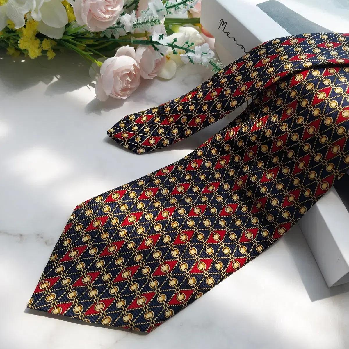 란셀 실크 네이비 레드 체인패턴 넥타이 9cm A+등급 K190 4