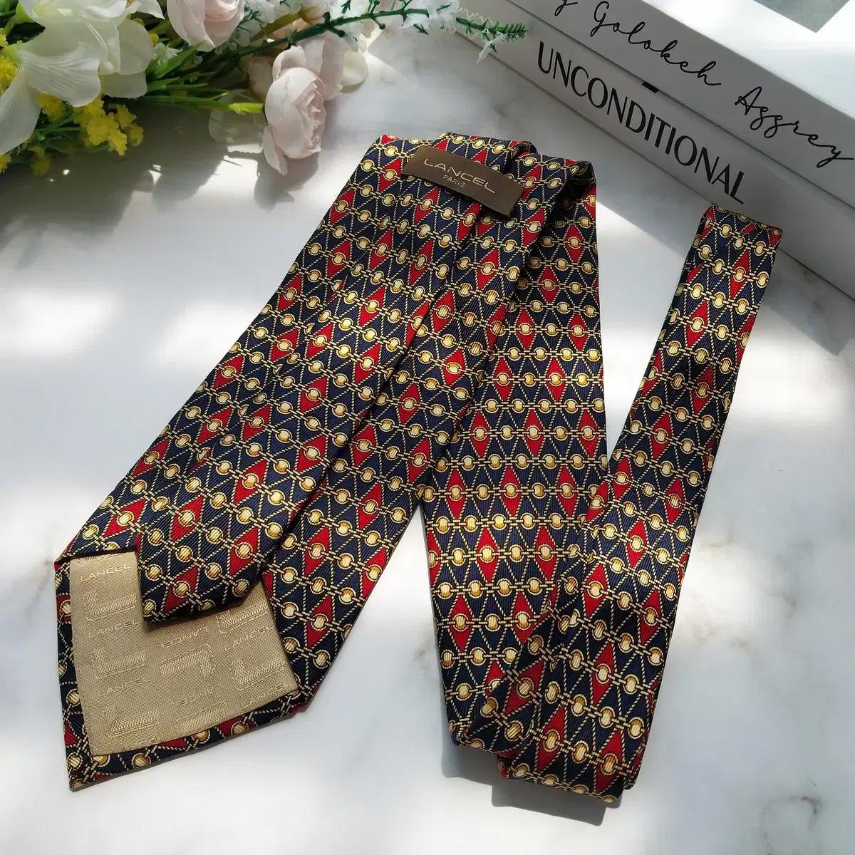 란셀 실크 네이비 레드 체인패턴 넥타이 9cm A+등급 K190 7