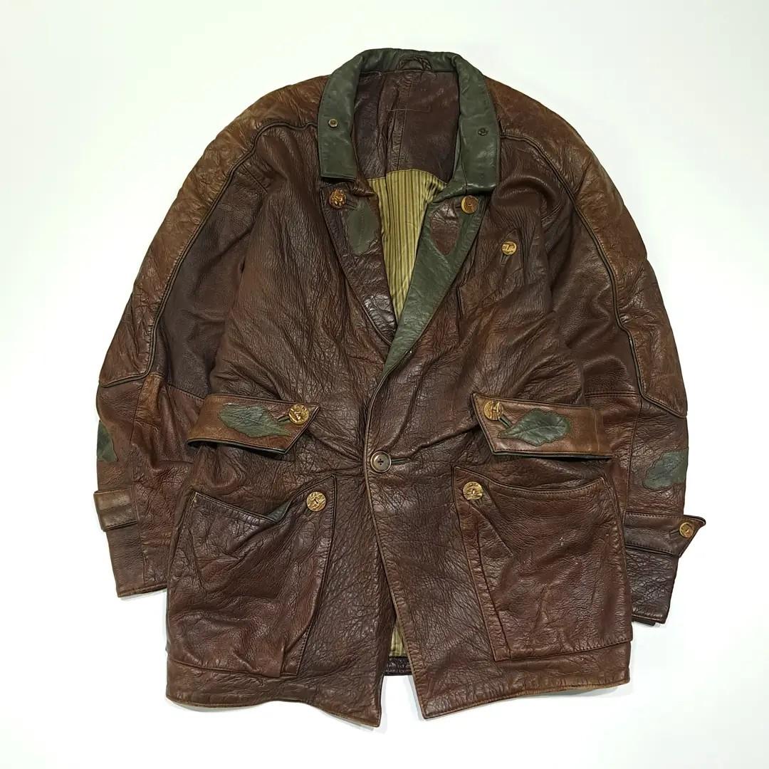 CL335 L 80s-90s 유럽판 가죽 나뭇잎아플리케 다크브라운 자켓 아우터 2