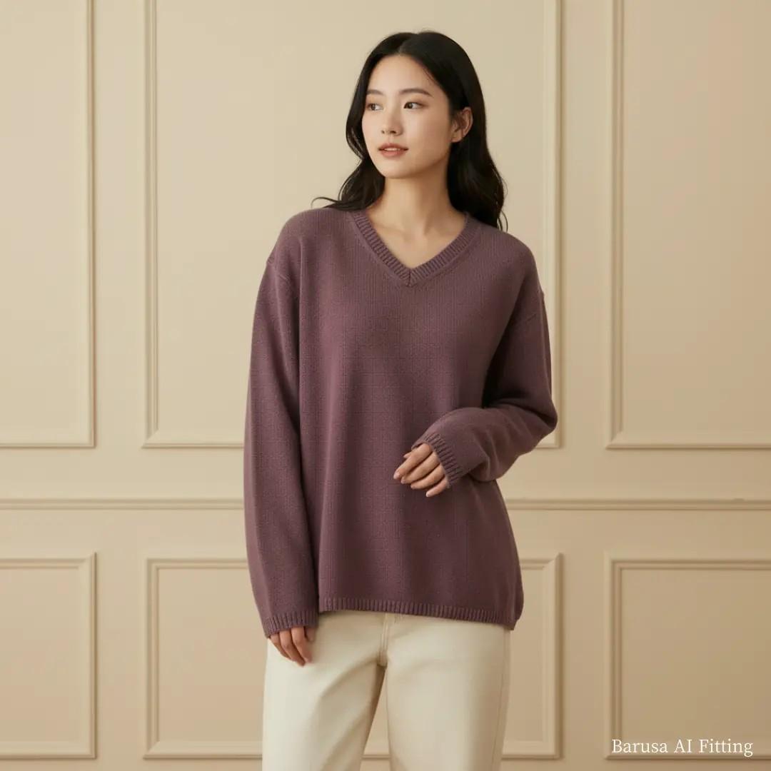 CN947 M 엘엘빈 90s 홍콩판 코튼 브이넥 더스티퍼플 니트 스웨터 2