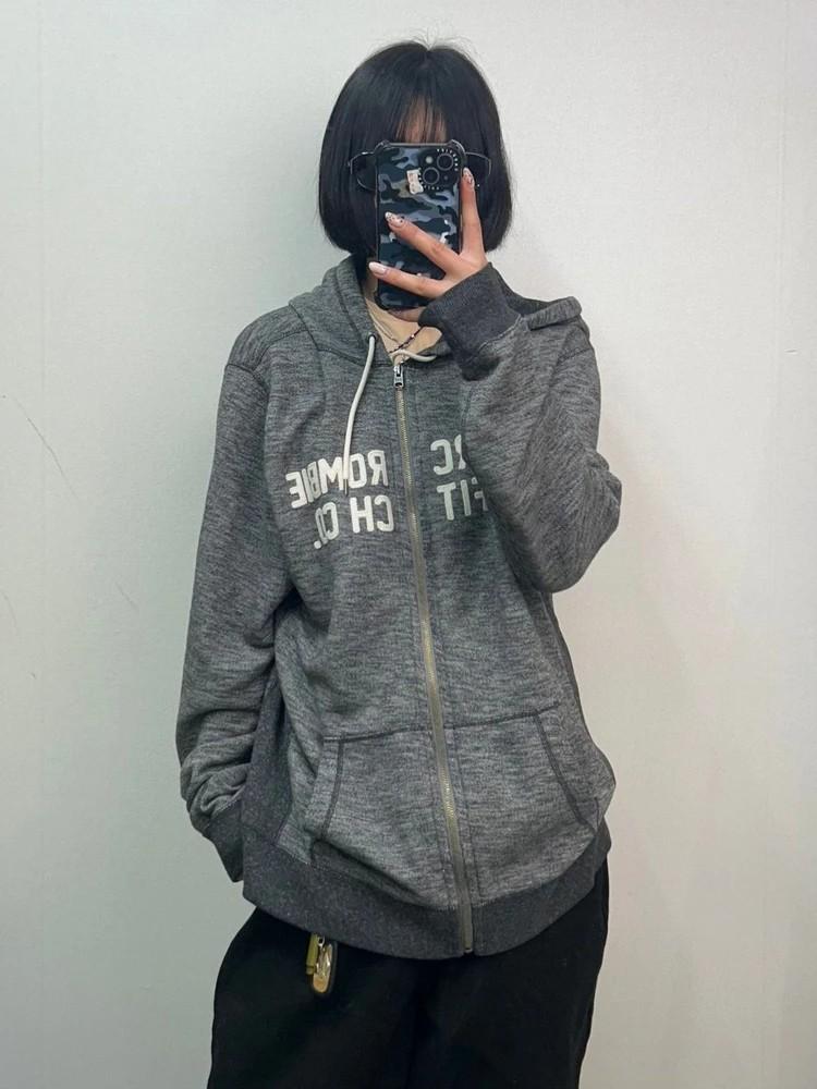 미디움 아베크롬비 루즈핏 그레이 빅로고 니티드 후드집업 Y2K 2