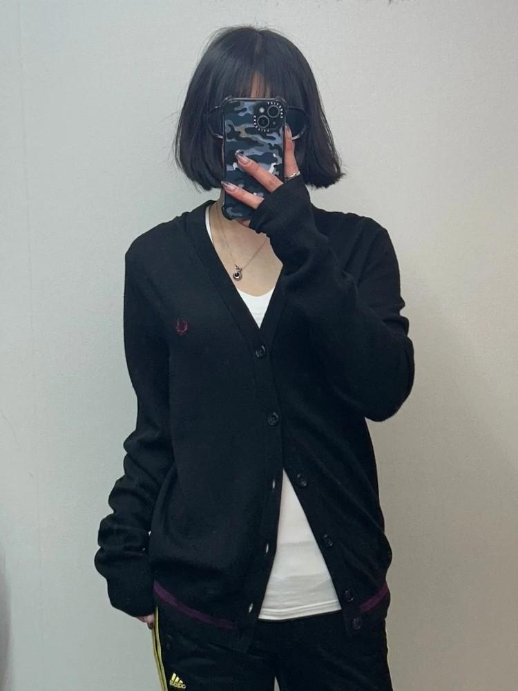 미디움 프레드 페리 메리노 울 브이넥 가디건 블랙 2