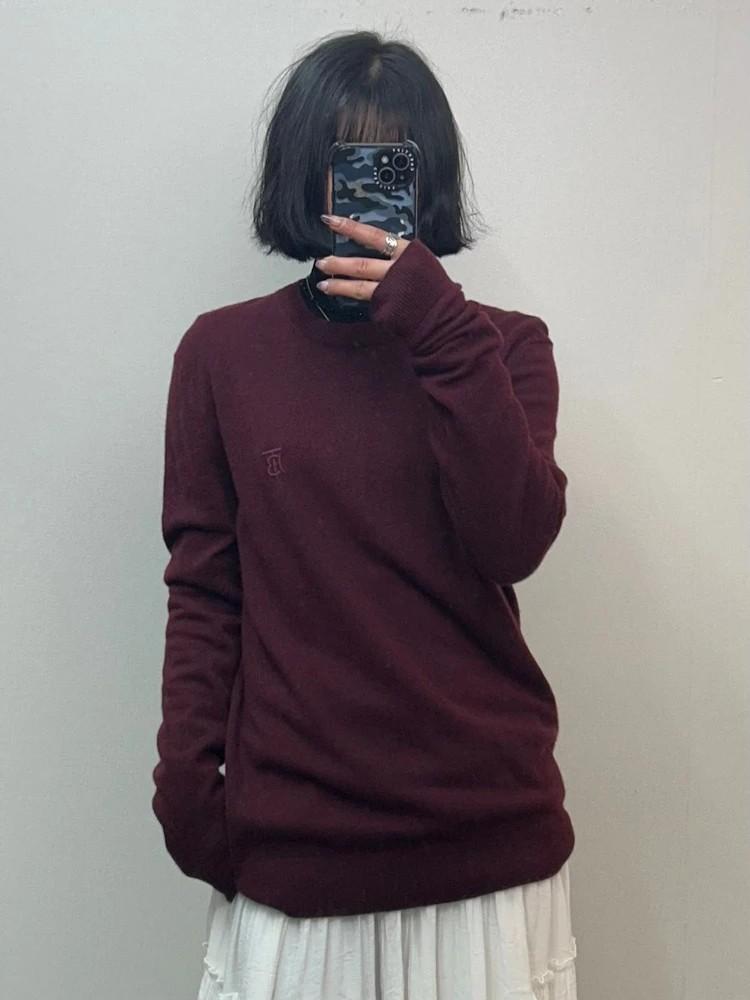 미디움 버버리 버건디 TB 로고 크루넥 캐시미어 스웨터 2