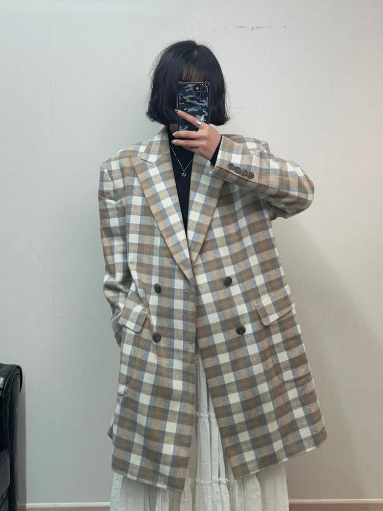 프리 WOLF 체크 더블 오버핏 롱 코트 2