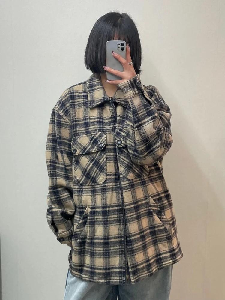 라지 오버핏 빈티지 기모 포켓 체크 자켓 베이지 2