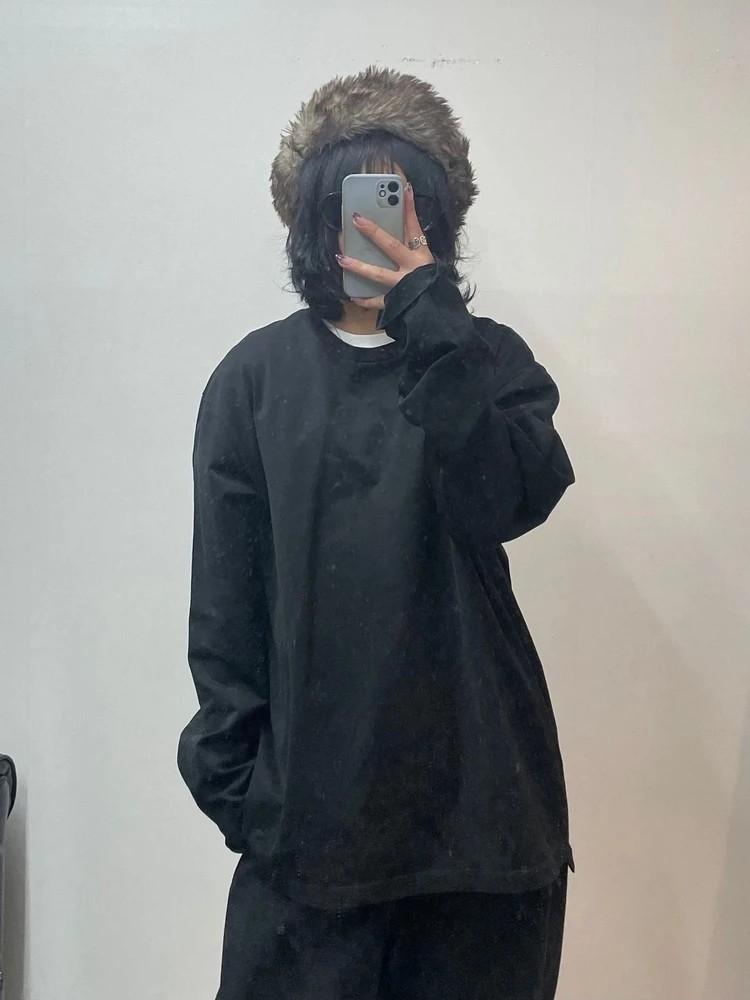 라지 솔리드옴므 라운드 오버핏 긴팔티셔츠 블랙 2
