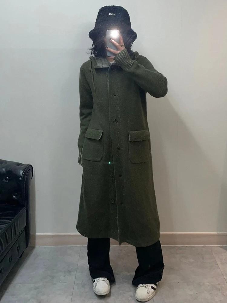 미디움 폴로 진스 카키 버튼 후디드 롱 니트 가디건 카키 2