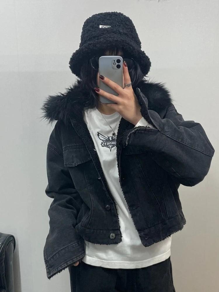 3사이즈 jpn 퍼 데님 크롭 겨울용 자켓 블랙 2