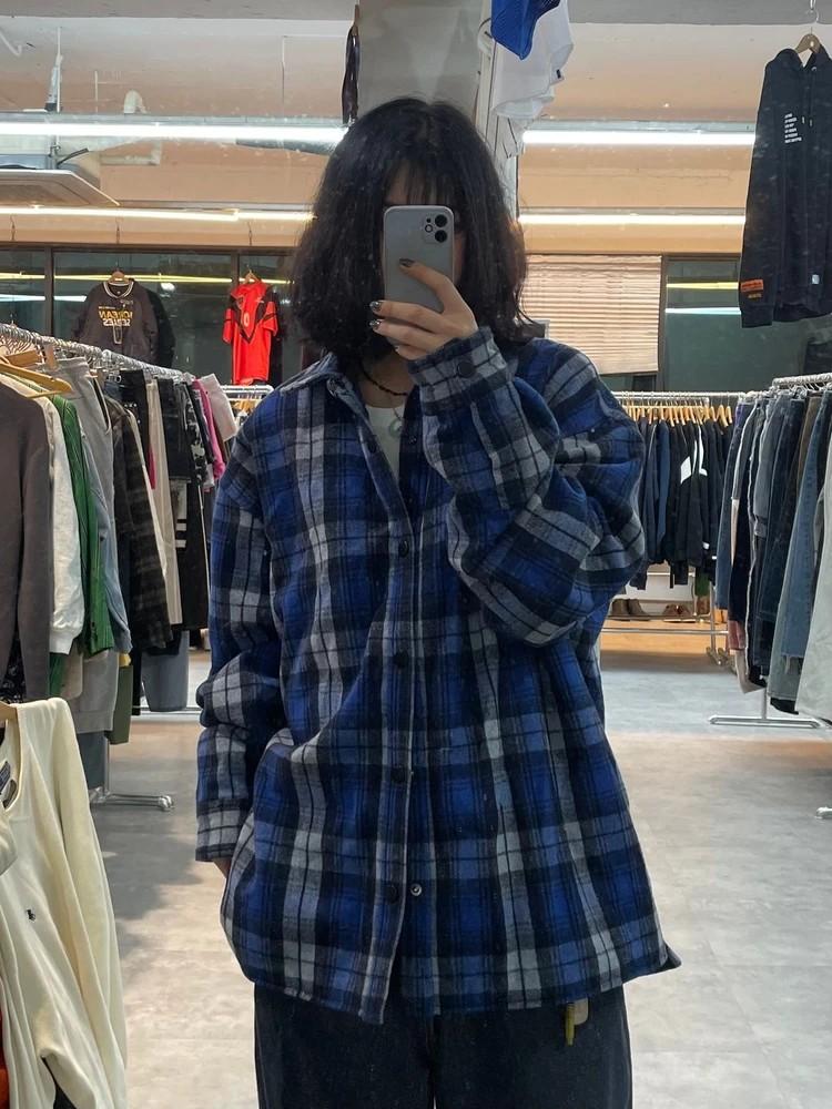 라지 플랙 PLAC 체크 블루 플란넬 오버핏 울 셔츠 자켓 2
