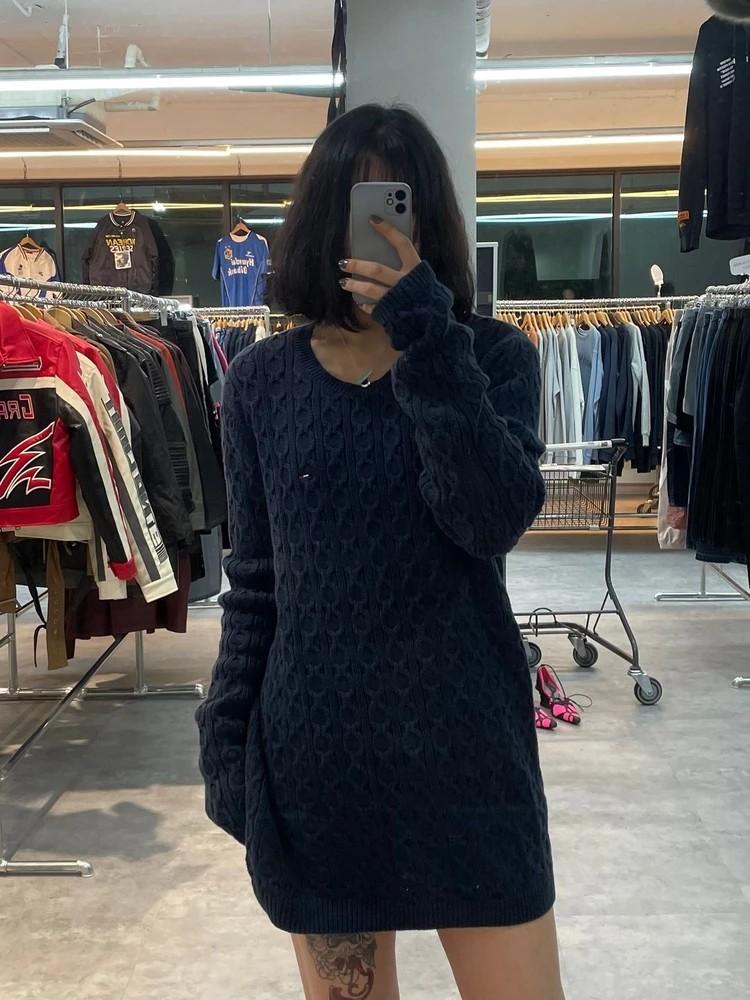 라지 타미힐피거 오버핏 스몰 로고 니트 네이비 2