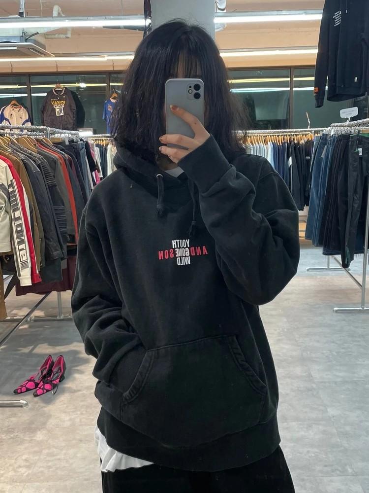 라지 앤더슨벨 백로고 오버핏 블랙 후드티셔츠 2