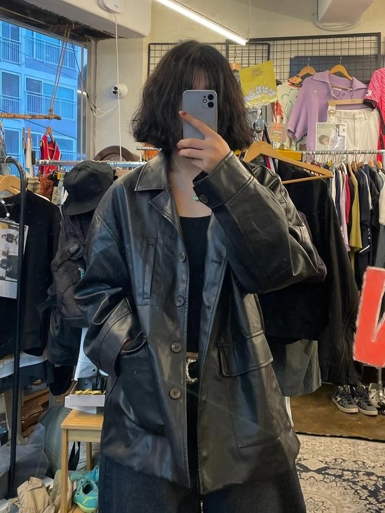 XS CIDER 샵사이다 오버핏 포켓 레더 자켓 2