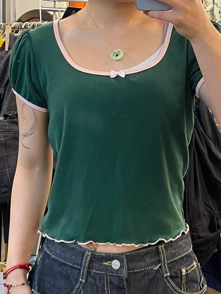 미디움 delias 새상품 여자 크롭 반팔 돌스킬 그린 아이돌룩 2