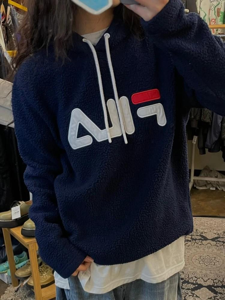 라지 휠라 셰르파 오버핏 플리스 후드 빈티지룩 네이비 2