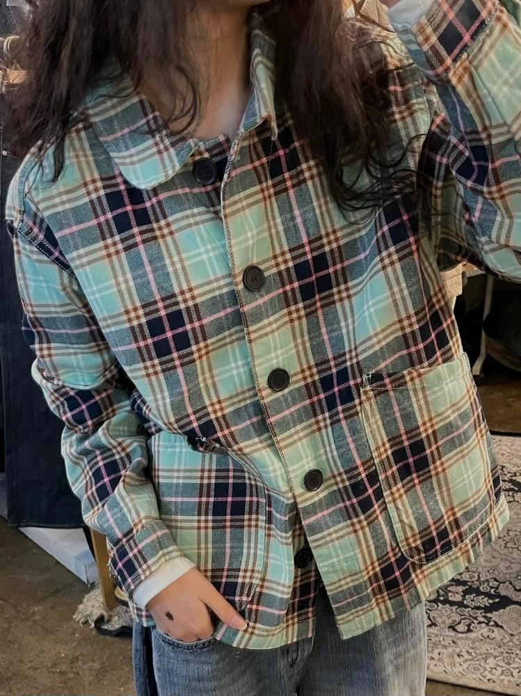라지 새상품 Monki 민트 체크 격자무늬 버튼업 재킷 포켓 샤켓 2
