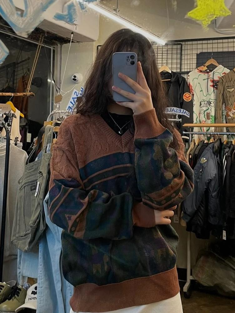 라지 vtg 일본 울 오버핏 유니크 올드스쿨 패턴니트 코위찬 니트웨어 브라운 2