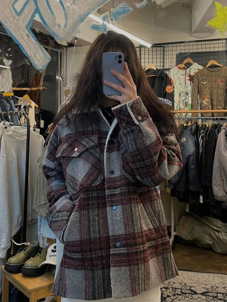 프리 PLAC 플랙 울 퀼팅 체크 오버핏 봄버 셔츠자켓 2