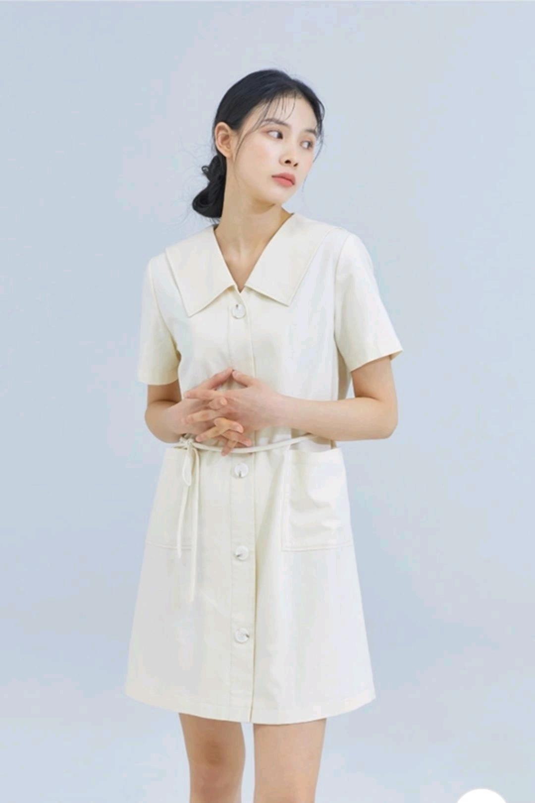 미쏘 린넨 빅카라 아이보리 반팔 원피스(주머니O, 허리끈O) 2
