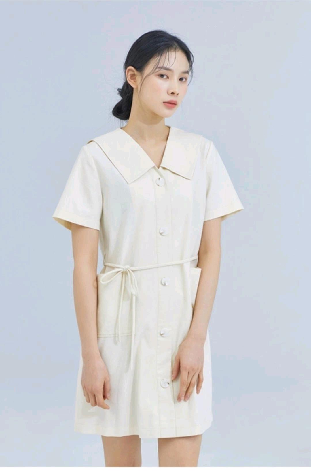 미쏘 린넨 빅카라 아이보리 반팔 원피스(주머니O, 허리끈O) 4