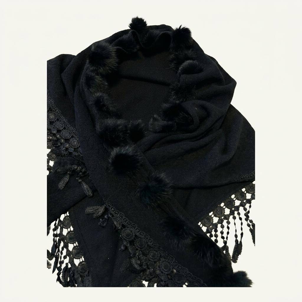 Chic Fluer black Rabbit fur fomfom lace muffler Sh 1