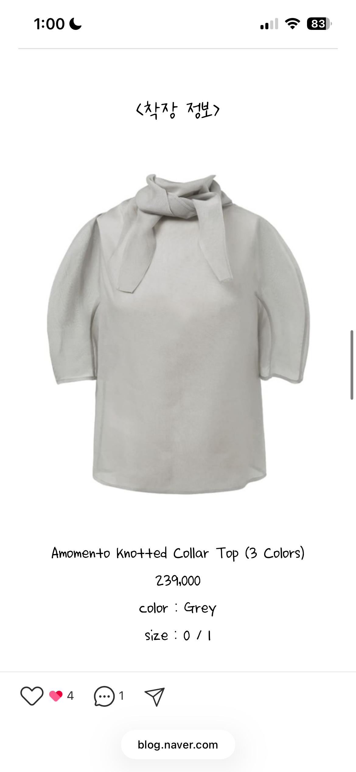 아모멘토 시스루 블라우스 knotted collar top grey 차정원 착용 5