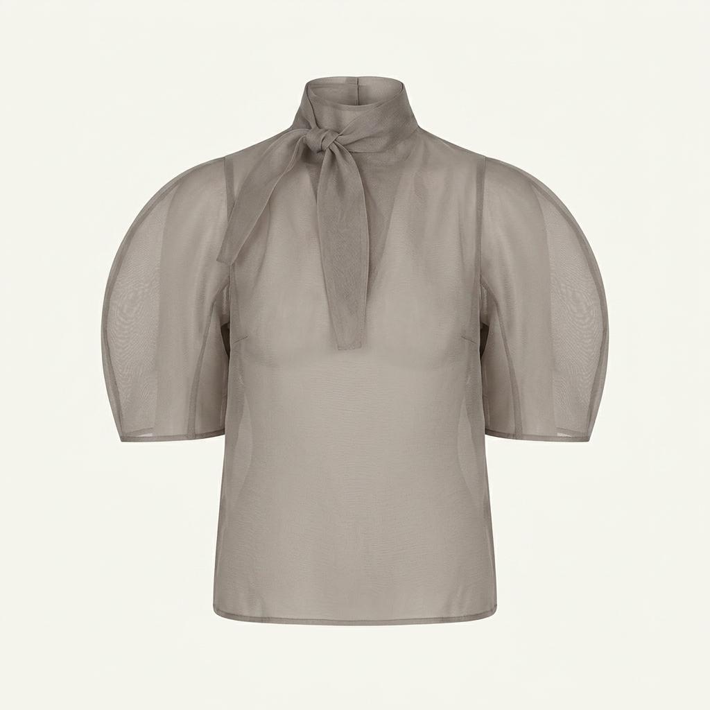 아모멘토 시스루 블라우스 knotted collar top grey 차정원 착용
