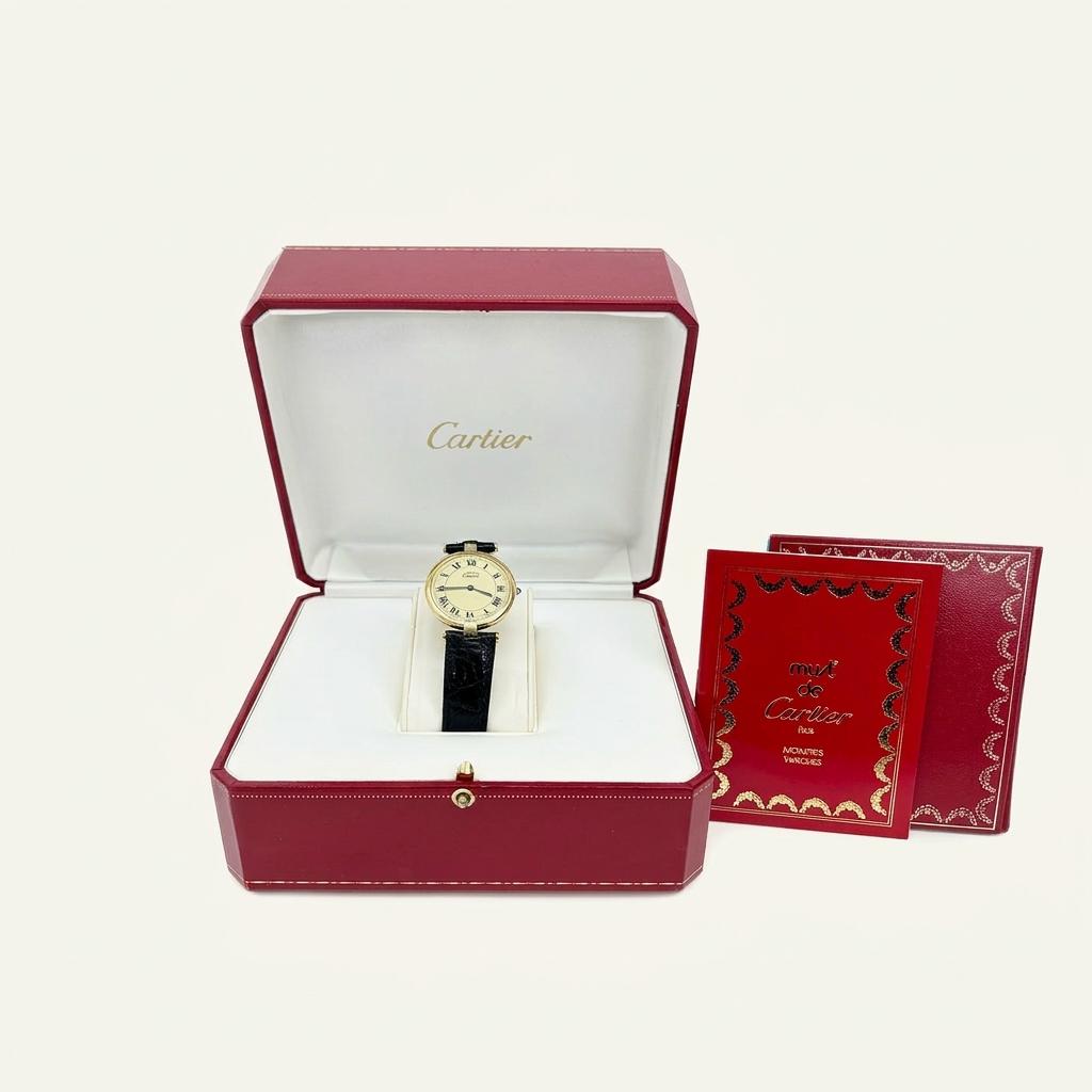 까르띠에 머스트 드 방돔 버메일 쿼츠 17 브라운 금장 악어가죽시계 4VCAC20730 1