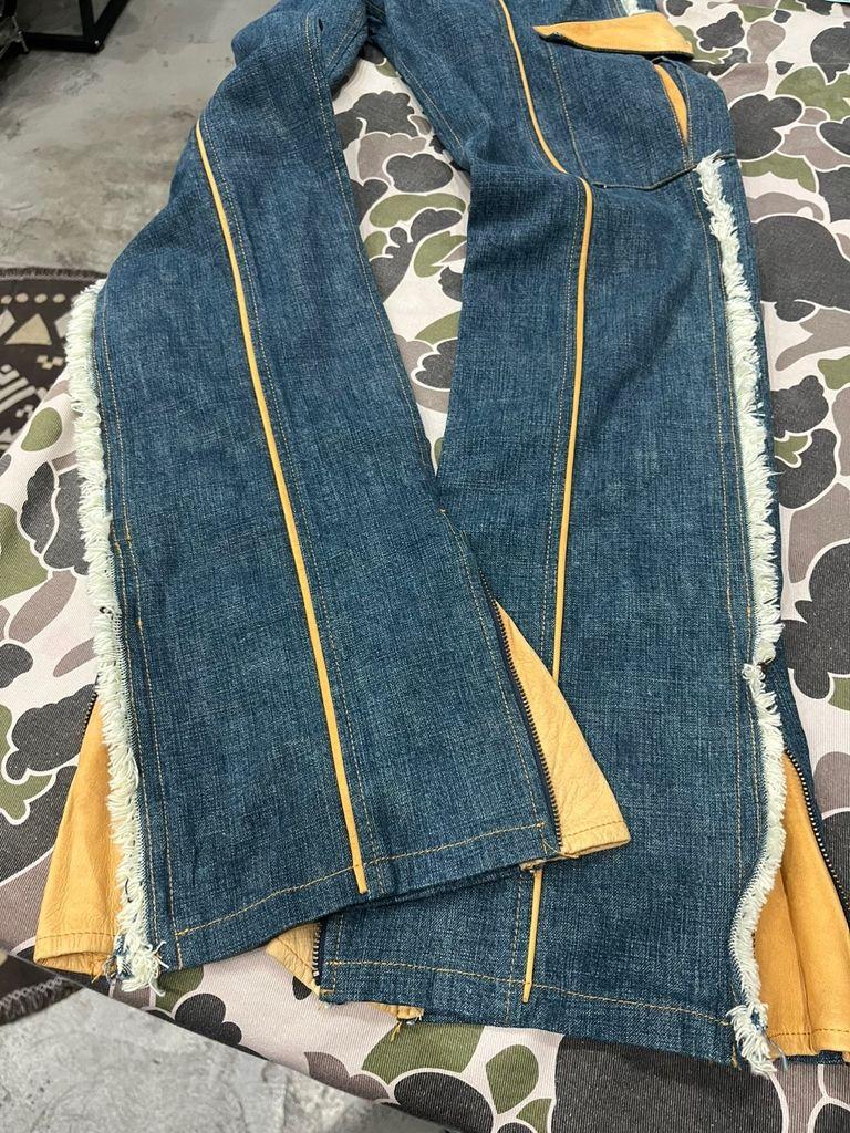 일본빈티지 Blue made 레더트리밍 프린지 데님팬츠 3