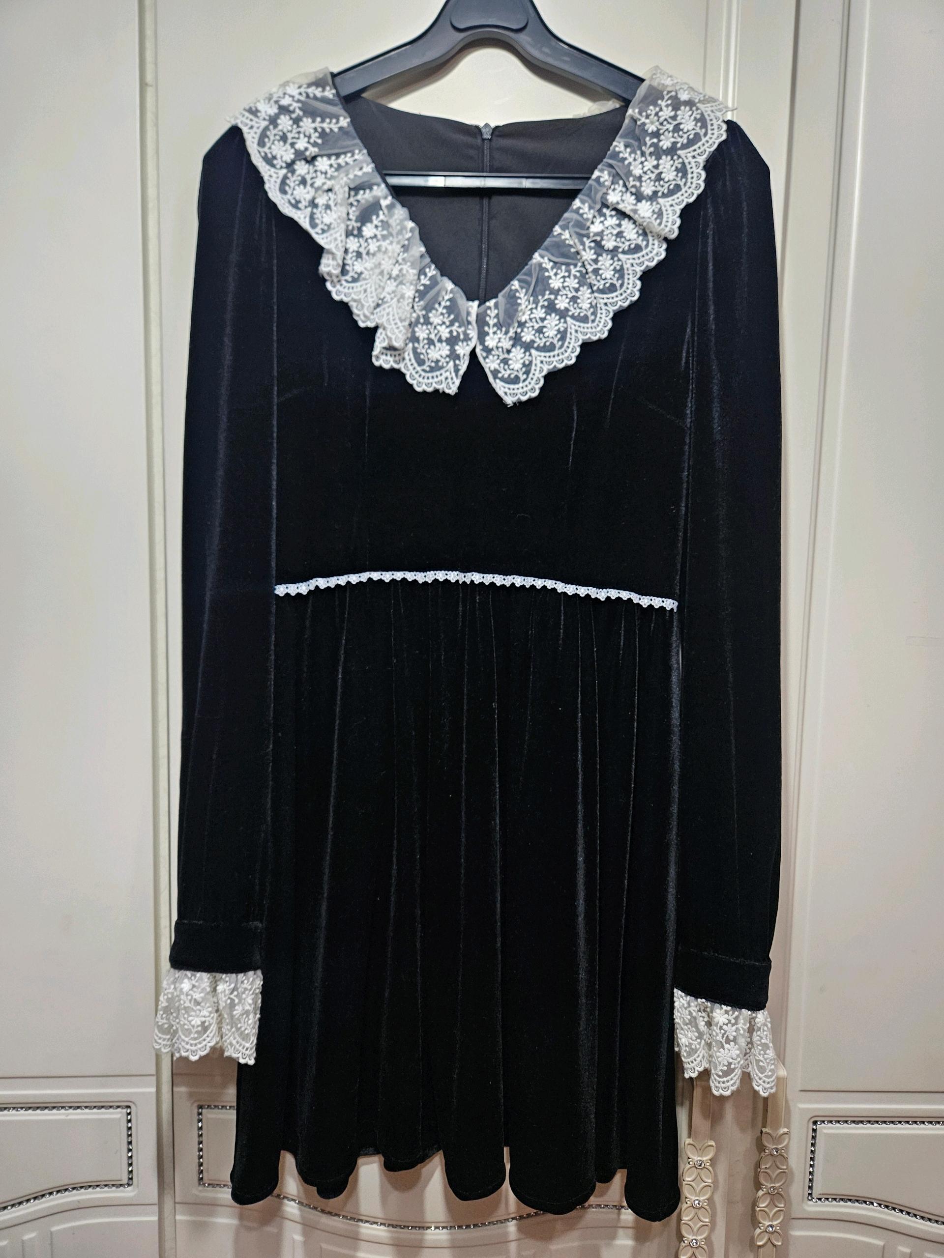 쎄무아듀 Lace doll collar velvet black dress (S) 2