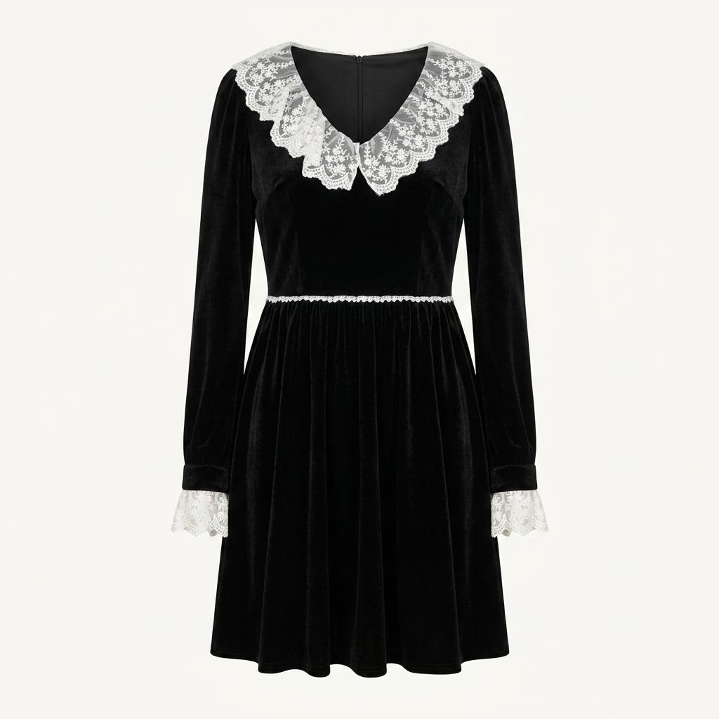 쎄무아듀 Lace doll collar velvet black dress (S)
