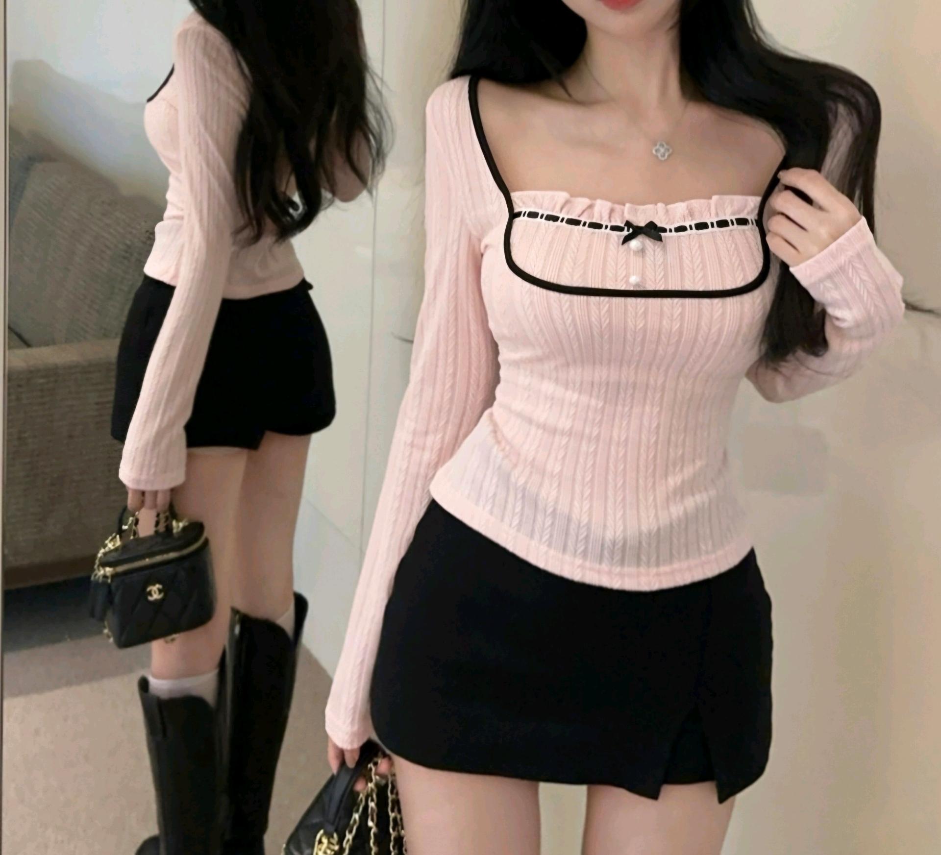 러블리 프릴 스퀘어넥 진주버튼 꽈베기 긴팔티 4