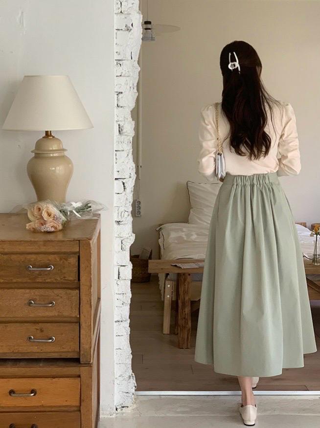 미사용)아뜨랑스)벨라 플레어 주름 롱스커트 (연베이지) 3