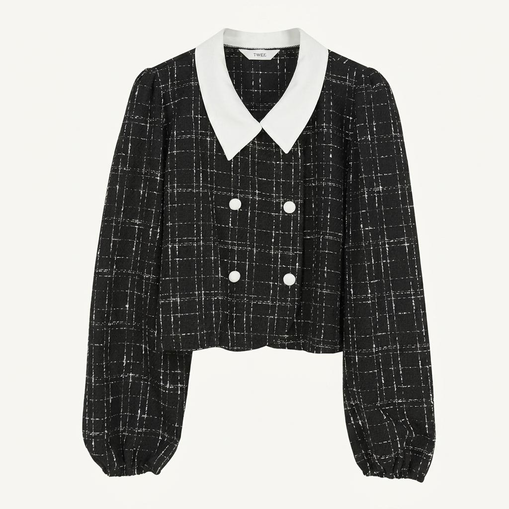 트위 여성 춘추 베이지카라 트위드 크롭자켓 블랙 (HU37878) 1