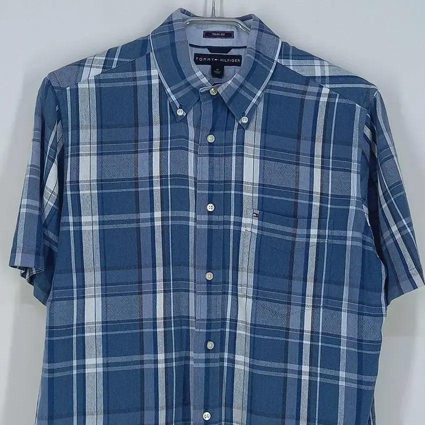 타미힐피거 남 TRIM FIT 체크 코튼 반팔셔츠 블루M (HU22628 4
