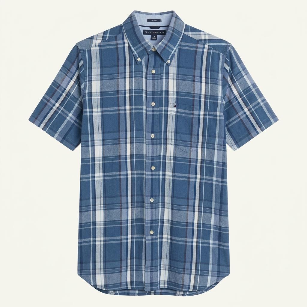 타미힐피거 남 TRIM FIT 체크 코튼 반팔셔츠 블루M (HU22628 1