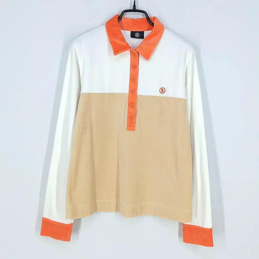 보그너 여성 벨벳 배색 카라긴팔티 베이지 (HU34635) 2