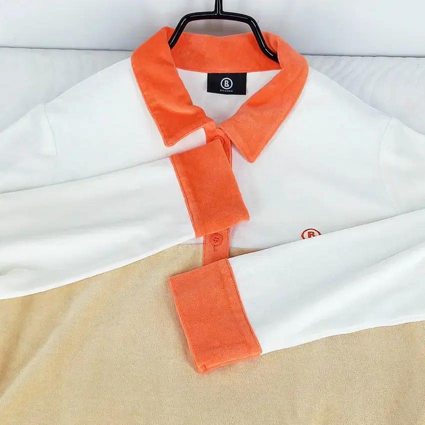 보그너 여성 벨벳 배색 카라긴팔티 베이지 (HU34635) 6